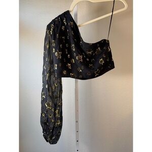 DUNDAS x REVOLVE Black Star Print One Shoulder Long Sleeve Crop Top Size S
